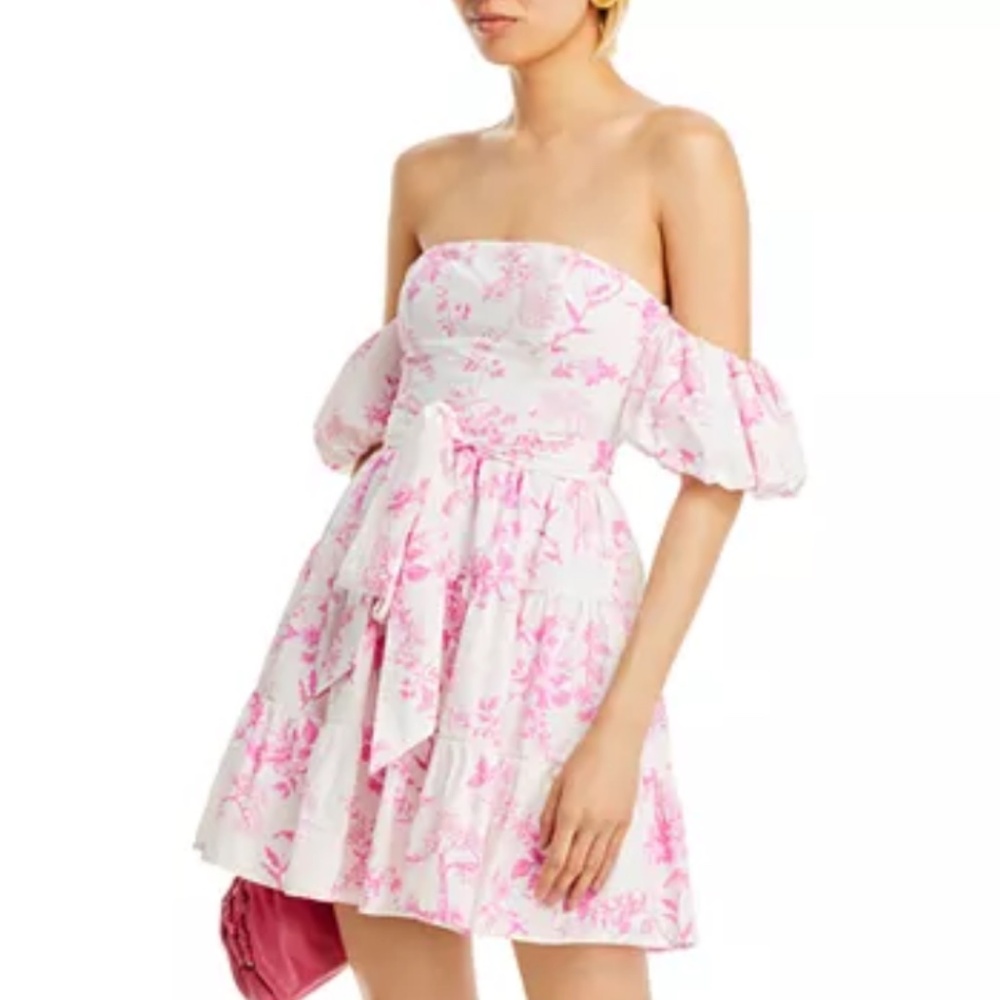 AQUA 🆕 Puff Sleeve Off-the-Shoulder Cotton Floral Tie Waist Dress - Exclusive M